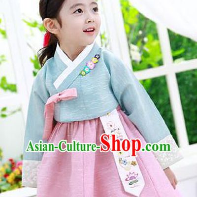 Asian Korean National Handmade Formal Occasions Clothing Embroidered Blue Blouse and Pink Dress Palace Hanbok Costume for Kids