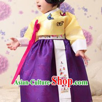 Asian Korean National Handmade Formal Occasions Clothing Embroidered Yellow Blouse and Purple Dress Palace Hanbok Costume for Kids