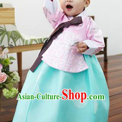 Asian Korean National Handmade Formal Occasions Clothing Embroidered Pink Blouse and Green Dress Palace Hanbok Costume for Kids