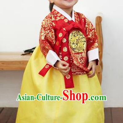 Asian Korean National Handmade Formal Occasions Clothing Embroidered Red Blouse and Yellow Dress Palace Hanbok Costume for Kids