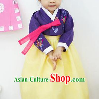 Asian Korean National Handmade Formal Occasions Clothing Embroidered Purple Blouse and Yellow Dress Palace Hanbok Costume for Kids