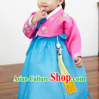 Asian Korean National Handmade Formal Occasions Clothing Embroidered Pink Blouse and Blue Dress Palace Hanbok Costume for Kids
