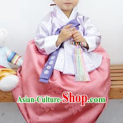 Asian Korean National Handmade Formal Occasions Clothing Embroidered Lilac Blouse and Pink Dress Palace Hanbok Costume for Kids