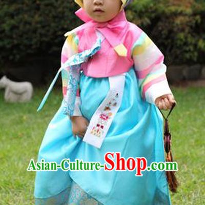 Asian Korean National Handmade Formal Occasions Clothing Embroidered Pink Blouse and Blue Dress Palace Hanbok Costume for Kids