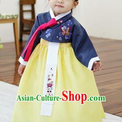 Asian Korean National Handmade Formal Occasions Clothing Embroidered Navy Blouse and Yellow Dress Palace Hanbok Costume for Kids