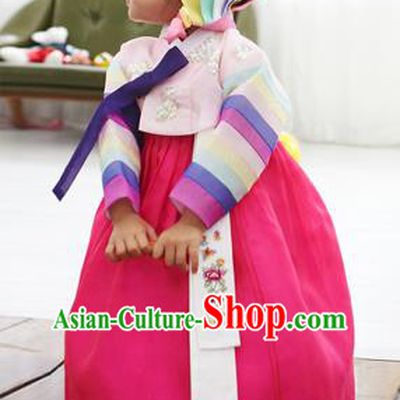 Asian Korean National Handmade Formal Occasions Clothing Embroidered Pink Blouse and Rosy Dress Palace Hanbok Costume for Kids