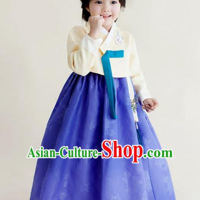 Asian Korean National Handmade Formal Occasions Clothing Embroidered Beige Blouse and Blue Dress Palace Hanbok Costume for Kids