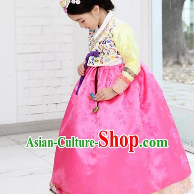 Asian Korean National Handmade Formal Occasions Wedding Bride Clothing Embroidered Yellow Blouse and Pink Dress Palace Hanbok Costume for Kids