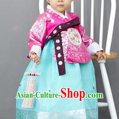 Asian Korean National Handmade Formal Occasions Clothing Embroidered Rosy Blouse and Blue Dress Palace Hanbok Costume for Kids