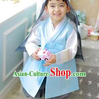 Asian Korean National Traditional Handmade Formal Occasions Boys Embroidery Blue Vest Hanbok Costume Complete Set for Kids