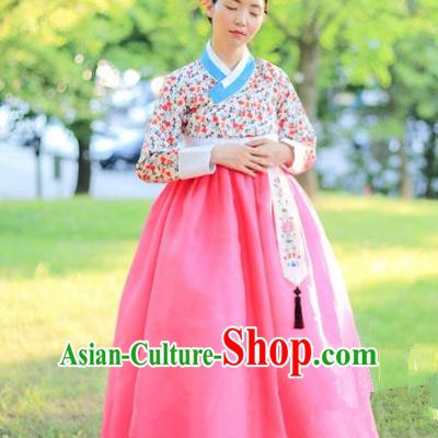Korean National Handmade Formal Occasions Bride Clothing Hanbok Costume Printing Blouse and Pink Dress for Women
