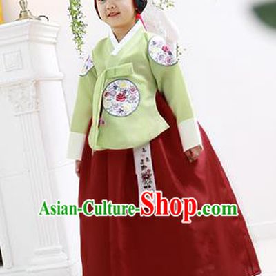 Asian Korean National Handmade Formal Occasions Wedding Clothing Green Blouse and Red Dress Palace Hanbok Costume for Kids
