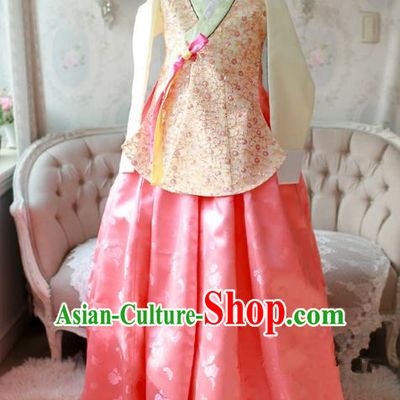 Korean National Handmade Formal Occasions Bride Clothing Hanbok Costume Embroidered Yellow Blouse and Pink Dress for Women
