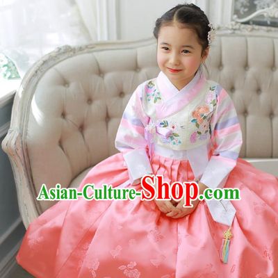 Korean National Handmade Formal Occasions Girls Hanbok Costume Embroidered White Blouse and Pink Dress for Kids