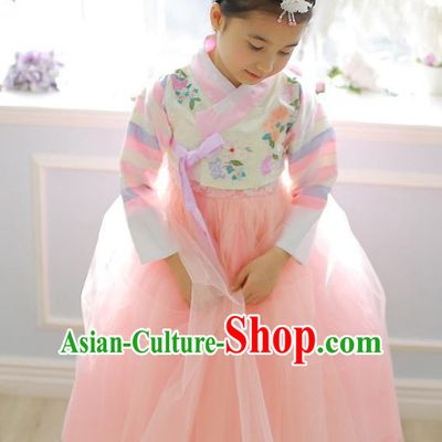 Korean National Handmade Formal Occasions Girls Hanbok Costume Embroidered White Blouse and Pink Veil Dress for Kids