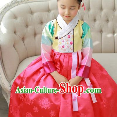 Korean National Handmade Formal Occasions Girls Hanbok Costume Embroidered Yellow Blouse and Red Dress for Kids