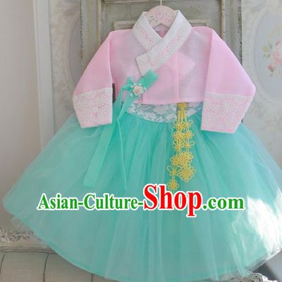 Korean National Handmade Formal Occasions Girls Hanbok Costume Embroidered Pink Blouse and Green Dress for Kids