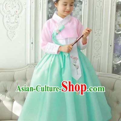 Korean National Handmade Formal Occasions Girls Hanbok Costume Embroidered Pink Blouse and Green Dress for Kids