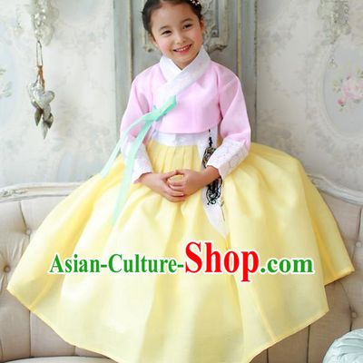 Korean National Handmade Formal Occasions Girls Hanbok Costume Embroidered Pink Blouse and Yellow Dress for Kids