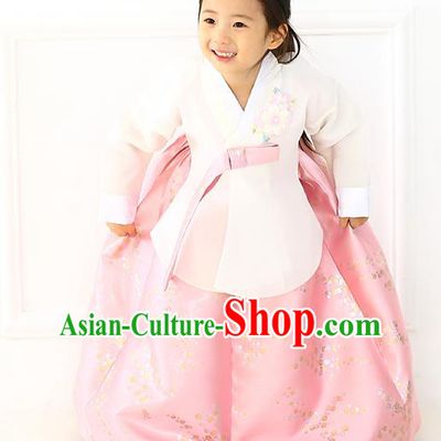 Korean National Handmade Formal Occasions Girls Hanbok Costume Embroidered White Blouse and Pink Dress for Kids