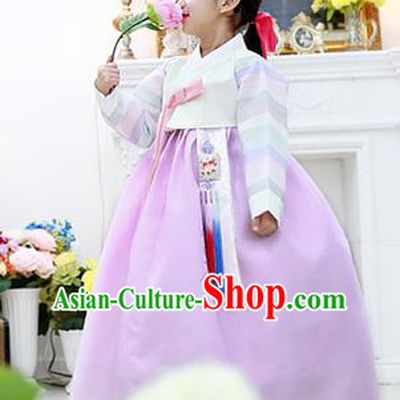 Korean National Handmade Formal Occasions Girls Hanbok Costume Embroidered White Blouse and Purple Dress for Kids