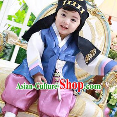 Asian Korean National Traditional Handmade Formal Occasions Boys Embroidery Deep Blue Vest Hanbok Costume Complete Set for Kids