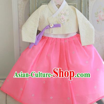 Korean National Handmade Formal Occasions Bride Clothing Hanbok Costume Embroidered White Blouse and Pink Dress for Kids