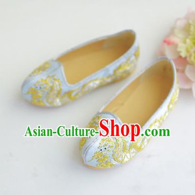 Traditional Korean National Wedding Shoes Light Blue Embroidered Shoes, Asian Korean Hanbok Flat Shoes for Kids