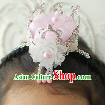 Korean National Hair Accessories Pink Crown Hair Clasp, Asian Korean Hanbok Fashion Bride Headwear for Kids