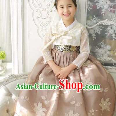Asian Korean National Handmade Formal Occasions Wedding Girls Clothing Embroidered White Blouse and Wheat Dress Palace Hanbok Costume for Kids