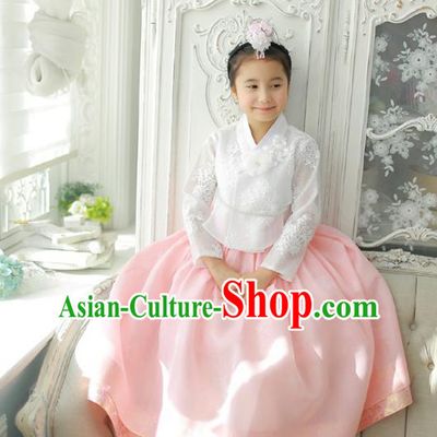 Asian Korean National Handmade Formal Occasions Wedding Girls Clothing Embroidered White Blouse and Pink Dress Palace Hanbok Costume for Kids