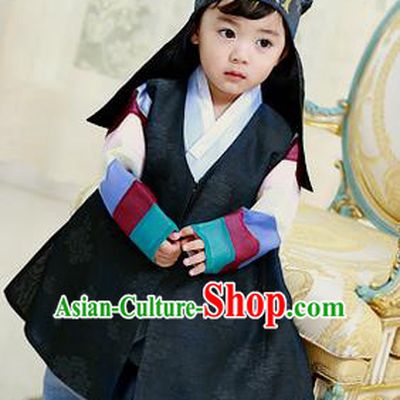 Asian Korean National Traditional Handmade Formal Occasions Boys Embroidery Black Vest Hanbok Costume Complete Set for Kids