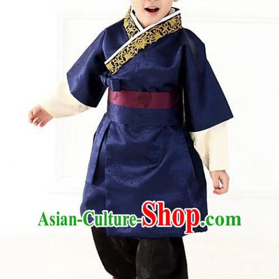 Asian Korean National Traditional Handmade Formal Occasions Boys Embroidery Deep Blue Vest Hanbok Costume Complete Set for Kids