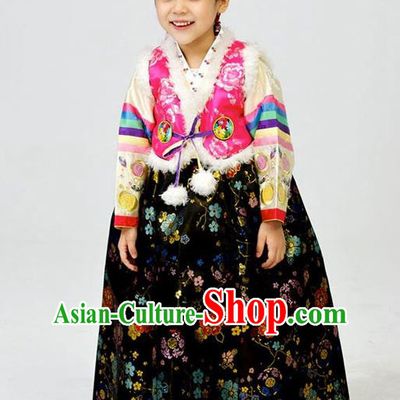 Asian Korean National Handmade Formal Occasions Wedding Girls Clothing Rosy Vest and Black Dress Palace Hanbok Costume for Kids