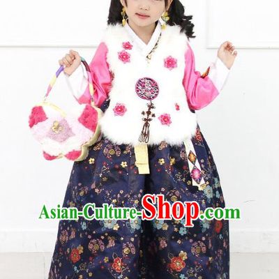 Asian Korean National Handmade Formal Occasions Wedding Girls Clothing White Embroidered Vest and Navy Dress Palace Hanbok Costume for Kids