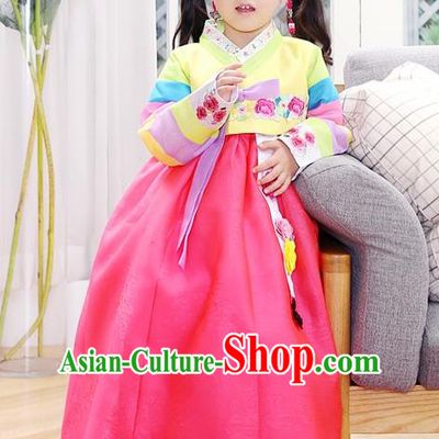 Asian Korean National Handmade Formal Occasions Wedding Girls Clothing Embroidered Yellow Blouse and Pink Dress Palace Hanbok Costume for Kids