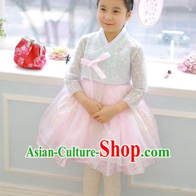 Asian Korean National Handmade Formal Occasions Wedding Girls Clothing Embroidered White Lace Blouse and Pink Dress Palace Hanbok Costume for Kids
