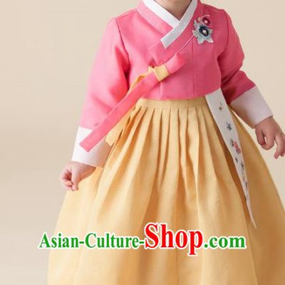 Asian Korean National Handmade Formal Occasions Wedding Girls Clothing Embroidered Pink Blouse and Yellow Dress Palace Hanbok Costume for Kids