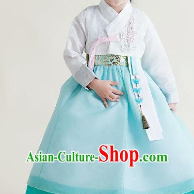 Asian Korean National Handmade Formal Occasions Wedding Girls Clothing Embroidered White Blouse and Blue Dress Palace Hanbok Costume for Kids