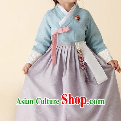 Asian Korean National Handmade Formal Occasions Wedding Girls Clothing Embroidered Blue Blouse and Grey Dress Palace Hanbok Costume for Kids