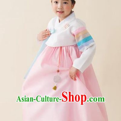 Asian Korean National Handmade Formal Occasions Wedding Girls Clothing Embroidered White Blouse and Pink Dress Palace Hanbok Costume for Kids