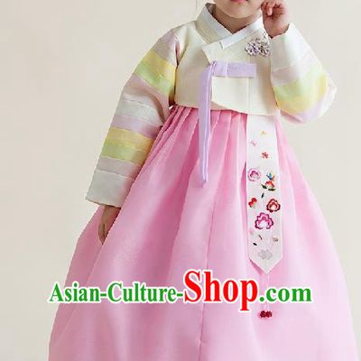 Asian Korean National Handmade Formal Occasions Wedding Girls Clothing Embroidered Yellow Blouse and Pink Dress Palace Hanbok Costume for Kids