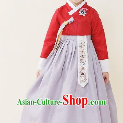 Asian Korean National Handmade Formal Occasions Wedding Girls Clothing Embroidered Red Blouse and Lilac Dress Palace Hanbok Costume for Kids