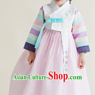 Asian Korean National Handmade Formal Occasions Wedding Girls Clothing Embroidered White Blouse and Pink Dress Palace Hanbok Costume for Kids