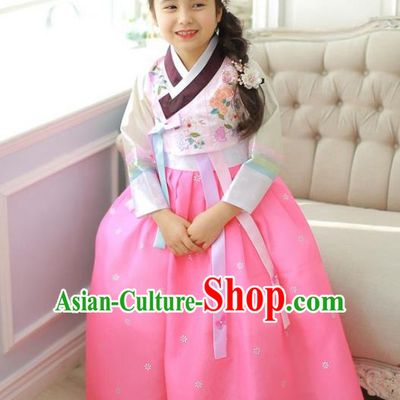 Asian Korean National Handmade Formal Occasions Wedding Girls Clothing Embroidered Pink Blouse and Dress Palace Hanbok Costume for Kids