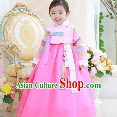Asian Korean National Handmade Formal Occasions Wedding Girls Clothing Embroidered Blouse and Pink Dress Palace Hanbok Costume for Kids