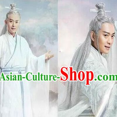 Chinese Ancient Opera Old Men Wig, Traditional Chinese Beijing Opera Taoist Priest White Wig Sheath for Men