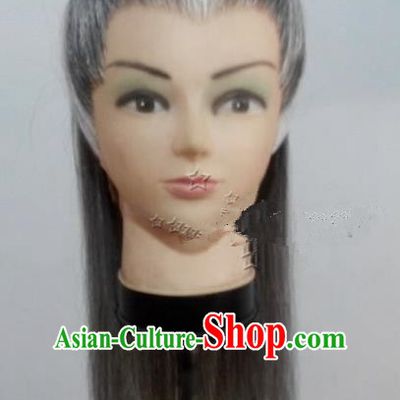 Chinese Ancient Opera Swordsman Old Men Gray Wig, Traditional Chinese Beijing Opera Taoist Priest Wig Sheath for Men