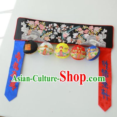 Traditional Korean Accessories Embroidered Birds Flowers Black Waist Belts, Asian Korean Fashion Waistband Decorations for Kids