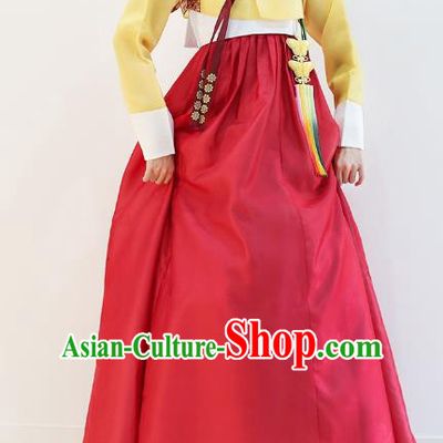 Asian Korean National Handmade Wedding Clothing Palace Bride Hanbok Costume Embroidered Yellow Blouse and Red Dress for Women